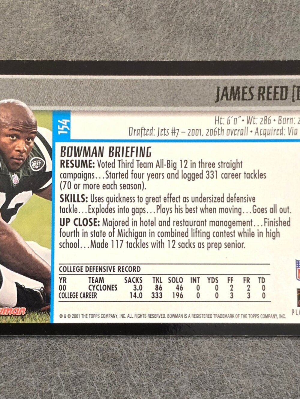2001 Bowman #154 James Reed Rookie Football Card - Picture 2 of 2